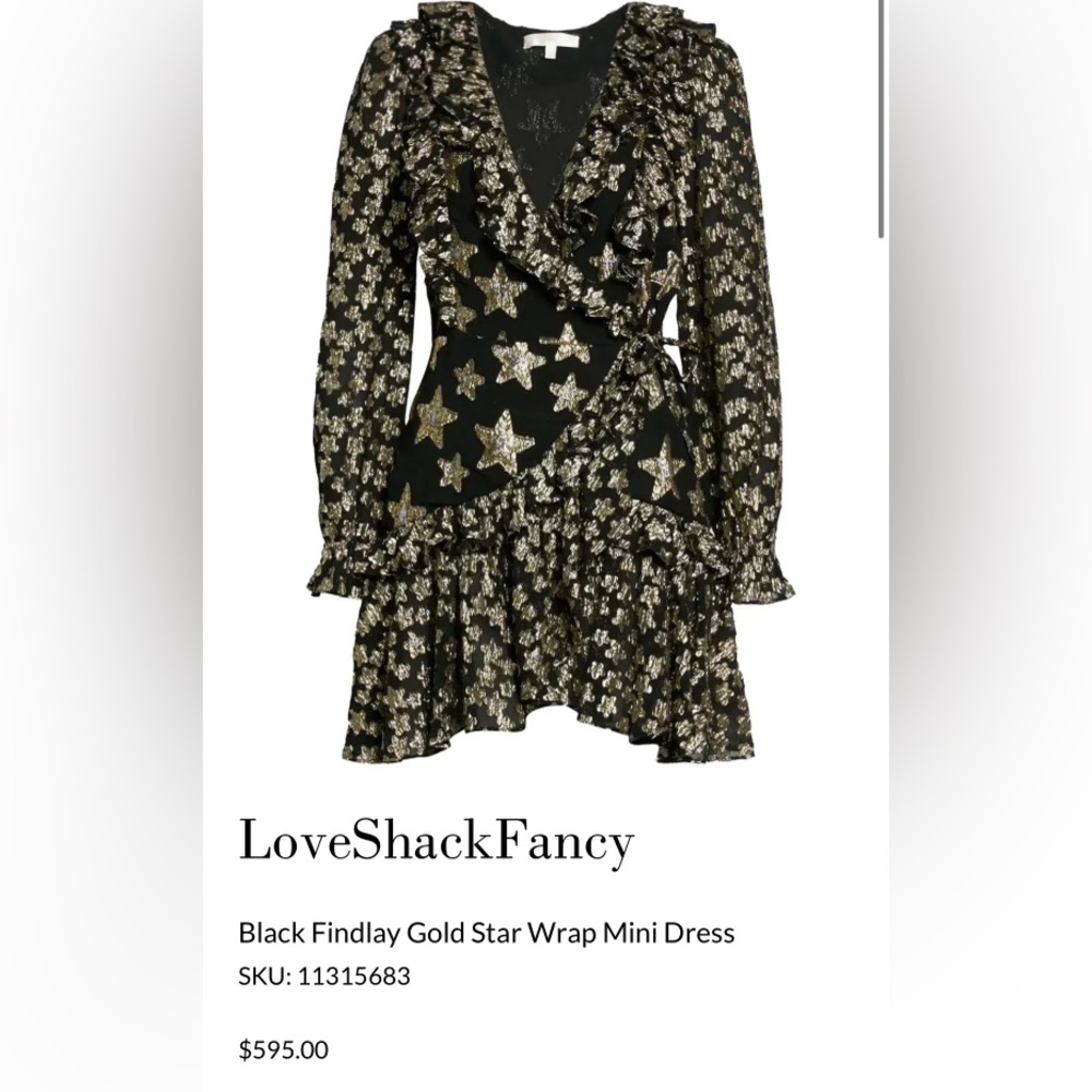 LoveShack Fancy Black Findlay Gold Star Wrap Mini Dress